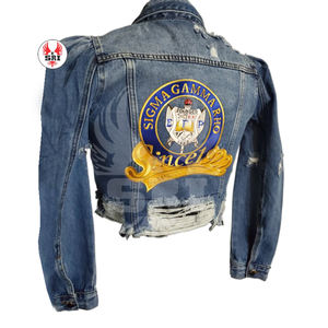 Sigma Gamma Rho Sorority Embroidery Women Denim Jeans Jacket | ZPB Sorority Embroidered Women Distressed Denim Jean Jackets - Product Image 1