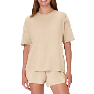 Nouvel été en gros femmes ensembles couleur unie 100% coton hauts à la mode et shorts ensemble col rond pull haut 2 pièces ensemble femmes - Product Image 1