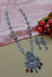 DERNIER DESIGNER À LA MODE ABD TRADITIONNEL OXYDSIDE ARGENT NOIR MENTAL BIJOUX LONG PENDENTIF COLLIER ENSEMBLE POUR FEMMES ET FILLES - Product Image 3