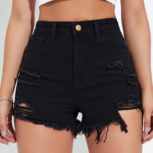 Femmes noir Vintage taille haute Denim Shorts déchiré brut garniture décontracté Jean Shorts Denim tissu Shorts Feminino été mode - Product Image 6