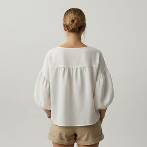 Chemise courte en lin décontractée pour femmes avec manches bouffantes Printemps Été Lavable Design simple - Product Image 2