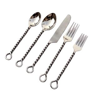 Modern Decorative Silver <b>Flatware</b> Set, 5 Pc Stainless Steel with Wooden Style Handles for Premium Dining - Product Image 5