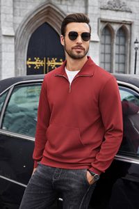Demi Zip Sweat Hommes Quart Zip up Pull À Manches Longues Casual Polo Sweat Slim Fit Mock Neck Pulls avec Poches - Product Image 2