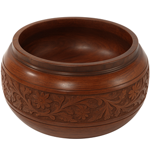 Casserole en bois émaillé avec couvercle sculpté floral Plat de service de repas chaud en bois artisanal, boîte décorative pour ustensiles de cuisine - Product Image 2