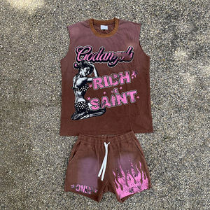 Custom Cotton Heavyweight Dtg Graphic High Quality Vintage Acid Washed t Shirt tank Top Men <b>Sleeveless</b> Shorts Sets Manufacturer - Product Image 5