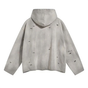Sweat à capuche irrégulier déchiré, effet soleil délavé, design vieilli, brodé, taille standard, 100% coton, ourlet brut, style gothique - Product Image 6