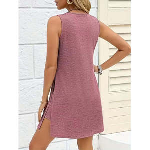 Ensemble deux pièces tunique et short en viscose à bretelles et col en V avec fente latérale pour femme, 35616 - Rose - Product Image 4