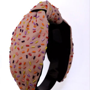 Soft <b>Padded</b> Knot Design Sprinkle Beaded <b>Headband</b> Hairband Colorful Bugle Beaded Boutique Accessories Premium Fabric <b>Headbands</b> - Product Image 1