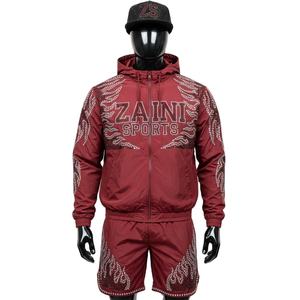 Conjunto Corto de Chaqueta Cortavientos para Hombre, Tela de Poliéster, Color Rojo Vino, Ligero, Transpirable, con Pedrería, Logotipo Personalizado, Talla Grande - Product Image 1