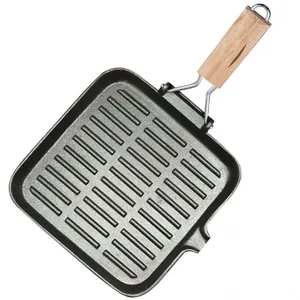 24cm Ribbed Cast Iron Square Steak Frying Pan with Folding Wooden Handle Grill Skillet