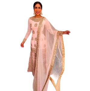 Ensemble indien à paillettes brodées Sharara Gharara Kurti Designer pakistanais vêtements ethniques 3 pièces en tissu Georgette cousu - Product Image 1