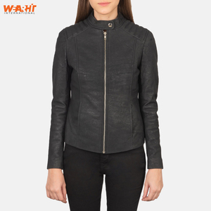 Veste Slim Fit en cuir noir véritable pour femmes élégantes, fermeture à glissière, col montant, manteau décontracté élégant, solide, léger et respirant - Product Image 1