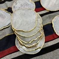 Sous-verres ovales sculptés et gravés en agate naturelle polie, pierre précieuse blanche de luxe avec bordure dorée, écologiques, vente en gros, 3.5-4