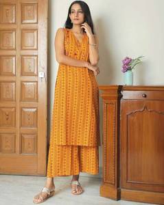 Conjunto de Kurta de Algodón para Mujer al por Mayor con Bordado de Espejo, Conjunto Étnico para Uso Diario, Color Amarillo, Tela Suave y Transpirable para Boutique - Product Image 1