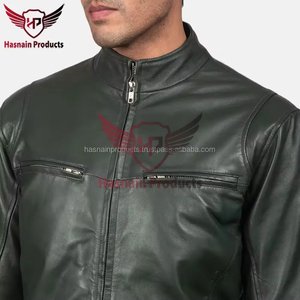 Veste en cuir véritable vert pour homme, col montant, double fermeture éclair sur la poitrine, en peau de mouton, couleur olive foncé, style Cafe Racer, veste de motard personnalisée, vêtement d'extérieur d'hiver - Product Image 6