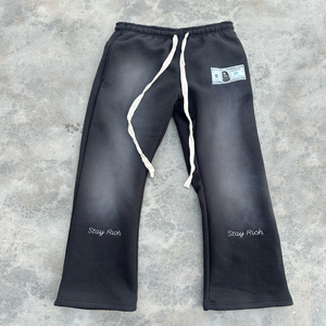 Pantalon de jogging pour homme, coupe droite, 100% coton molletonné, taille mi-haute, brodé, délavé à l'acide, effet usé, avec cordon de serrage, formel - Product Image 1