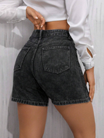 Kadınlar İçin Özel Dikim Düz Orta Bel Denim Şortlar İnce Cepli Vintage Eskitme Asit Yıkama Yazlık Çevre Dostu Nefes Alabilen Yüksek Bel