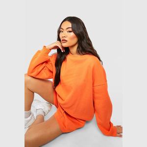 Nueva Moda Sudadera Corta de Algodón 100% French Terry para Mujer, Hombros Caídos, Manga Corta, Ajuste Regular, Largo hasta la Rodilla, Color Liso, Estilo Urbano - Product Image 3