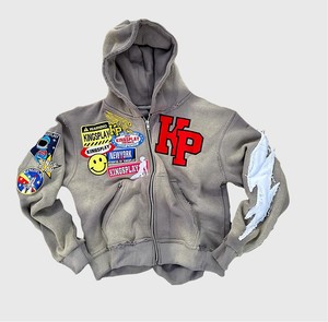 Sudadera con capucha y cremallera personalizada de alta calidad para hombre, sudadera con cremallera completa desgastada con parche bordado con apliques de felpa francesa de algodón - Product Image 5