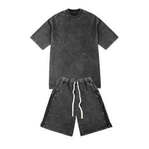 Conjunto gráfico de dos piezas lavado con logotipo personalizado y pantalones cortos Conjunto de camiseta y pantalones cortos de verano conjunto de chándal para hombre - Product Image 6