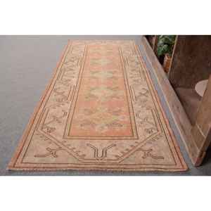 Vintage Turkish Rug 2.6x6.1ft Orange Beige Large Area Woolen Patchwork Rectangle Abstract Pattern Latex for Hallway Room Rug - Product Image 2