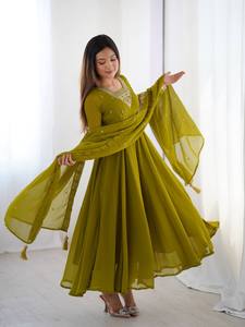 Nặng tinh khiết mềm Fox <span class=keywords><strong>georgette</strong></span> anarkali kurti thiết lập với ưa thích thêu jari làm việc và đính cườm Ấn Độ truyền thống bên mặc váy - Product Image 4