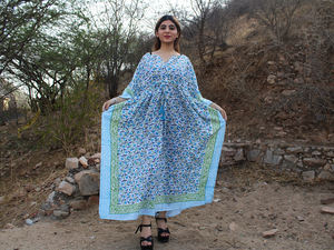 Caftán con estampado de bloques de mano de algodón 100% ecológico, cómodo, elegante, estampado Floral, elegante, borde, informal, ropa india, caftán - Product Image 3