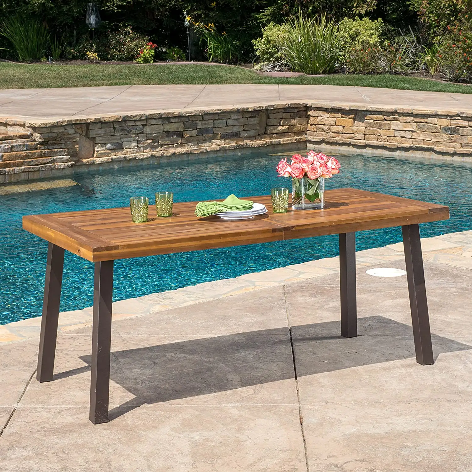 Table à manger en bois d'acacia, Table de jardin en métal rustique avec finition teck