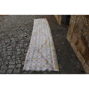 Alfombra turca clásica Vintage de 2,4x10,8 pies, lana blanca, yute, técnica de tejido plano, patrón de retazos, 10mm de espesor, Estilo clásico - Product Image 1