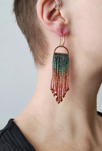 Handmade Ombre Fringe <b>Earrings</b> "Odoti" in Green and <b>Red</b> Colors - Product Image 2