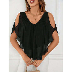 Blusa holgada de gasa con hombros descubiertos y cuello en V de manga corta para mujer, 36892 - Negro - Product Image 6