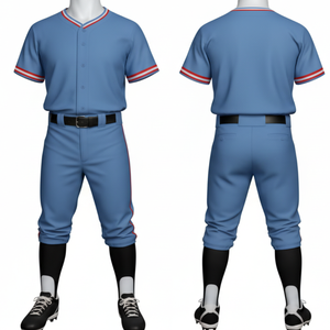 Ensemble uniforme de baseball bleu clair athlétique, maillot de performance à boutons complets avec bordure contrastée rouge et blanche et pantalon d'équipe assorti - Product Image 2