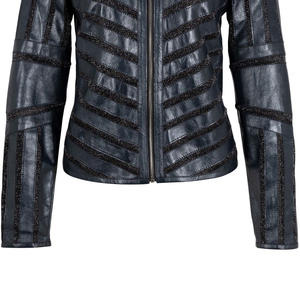 Chaqueta corta de mujer metálica azul de alta calidad hecha en Pakistán 2025 con inserciones de cremallera con purpurina 100% chaquetas de cuero genuino - Product Image 5