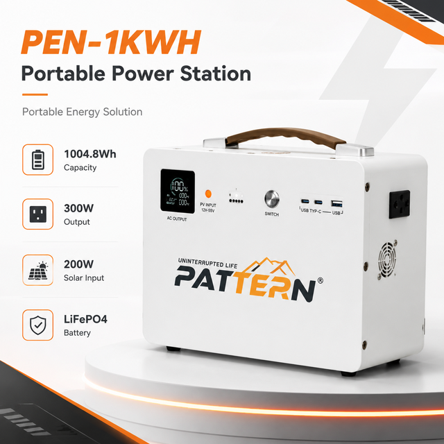 PATTERN 1000W 1kWh Rechargeable LiFePO4 Lithium Battery Backup Portable Power Station with Solar Panels for Emergency Home Use
