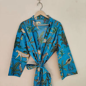 Robe kimono en coton à manches longues et col en V à imprimé jungle pour femmes, cadeau de demoiselle d'honneur pour mariage d'été - Product Image 1