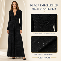 Robe longue noire ornée en maille pour femme, manches longues, col en V drapé, taille froncée, OEM ODM