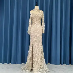 Luxurious Dubai One Shoulder Mermaid Champagne Evening Gown Slit Elegant Women's Wedding Party Dress
