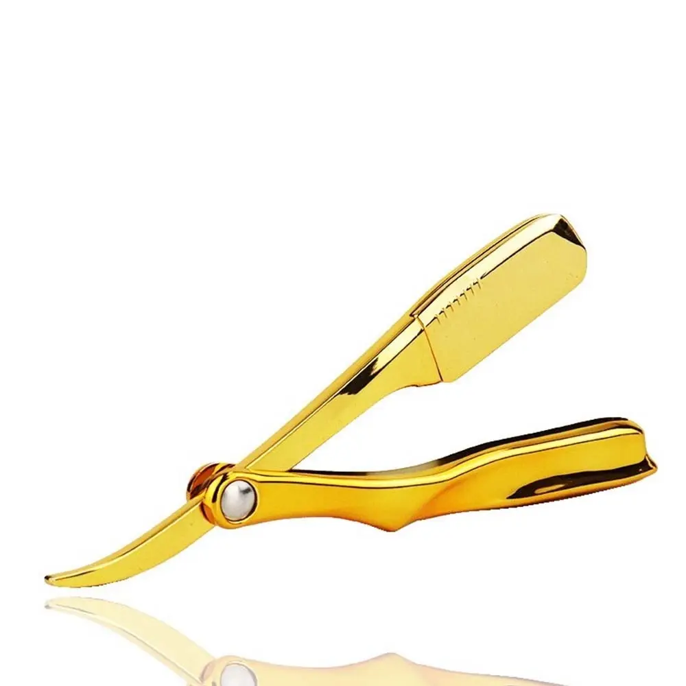 Logo personalizzato privato placcatura oro professionale viso dritto rasoio da barbiere lama pieghevole rasoio strumenti per la rasatura della barba