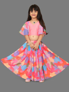 ชุดเลเฮนกาโชลีผ้าจอร์เจตต์พิมพ์ลายแฟชั่นสำหรับเด็ก แขนทรงปีกผีเสื้อ ดีไซน์เนอร์อินเดีย ชุดงานแต่งงาน ชุดงานเลี้ยงสำหรับเด็กผู้หญิง - Product Image 2