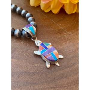 Merle House Turtle Pendant Multi-Stone & Sterling Silver Inlay Featuring Animal Shape & Pattern - Product Image 2