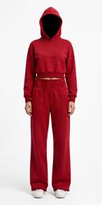 Conjunto de chándal de invierno para mujer, 100% algodón, forrado, con cintura fruncida, sudadera corta y pantalones de chándal de pierna ancha de cintura alta, casual - Product Image 2