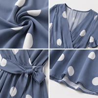 Robe midi élégante OEM pour femme, à pois, col en V, manches courtes, pour vacances, plage, resort, avec ceinture à pois