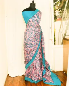 Spot saree wholesaler in saree blue hand Mul cotton saree Available at Affordable Price from Indian Dresses