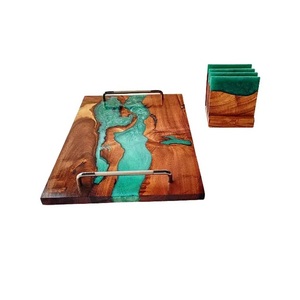 Plateau de service pour petit-déjeuner en résine et en bois de haute qualité avec sous-verres en acier et en métal pour hôtel ou maison - Product Image 1