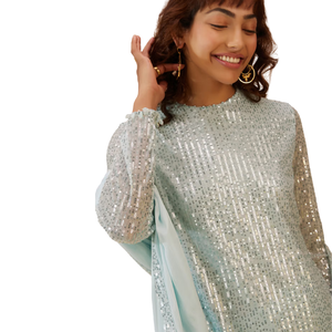 ชุดสูทพาลาซโซสีฟ้าผงเลื่อมสำหรับผู้หญิงเสื้อผ้าชาติพันธุ์ OEM ชุดปาร์ตี้งานแต่งงานออกแบบได้ตามต้องการ - Product Image 4