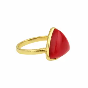 Super Quality Sterling Silver 925 Red Coral Gemstone Jewelry Trillion Gold Plated Handmade Bezel Setting Wedding Gift Women Ring