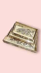 Ensemble de plateaux en bois de luxe avec impression en émail Art déco Plateaux à motifs de plantes imbriquées Décoration intérieure écologique Salle à manger Service polyvalent - Product Image 4