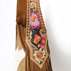 Sac à bandoulière fourre-tout en cuir de fourrure de vachette de bohème vintage occidental avec fermeture à glissière unique décoration de fleurs meilleur prix usage quotidien - Product Image 3