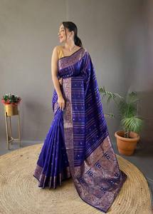 Saris de seda indios tradicionales con plata, cobre, forro Zari tejido y tejido Jacquard diseño de borde indio pakistaní - Product Image 2