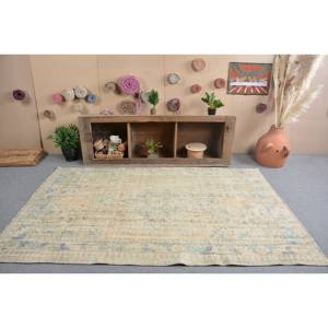 Alfombra turca Vintage Beige Azul 5x8ft Felpa hecha a mano Estilo Tabriz Lana Poliéster Patchwork Rectángulo Diseño con respaldo de látex - Product Image 1